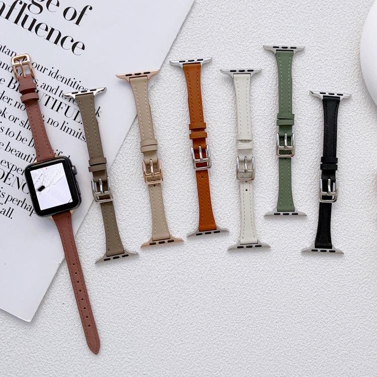 For Apple Watch Series 10 42mm T-shaped Slim Genuine Leather Watch Band(Light Green)